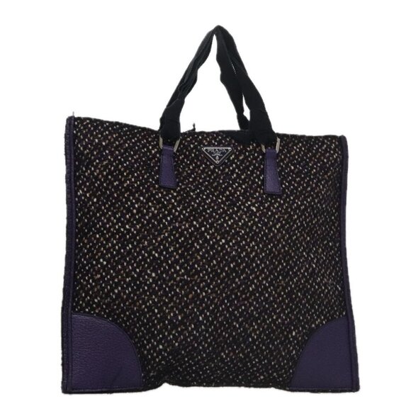 PRADA Hand Bag Wool Leather Purple Silver Auth - Picture 1 of 16